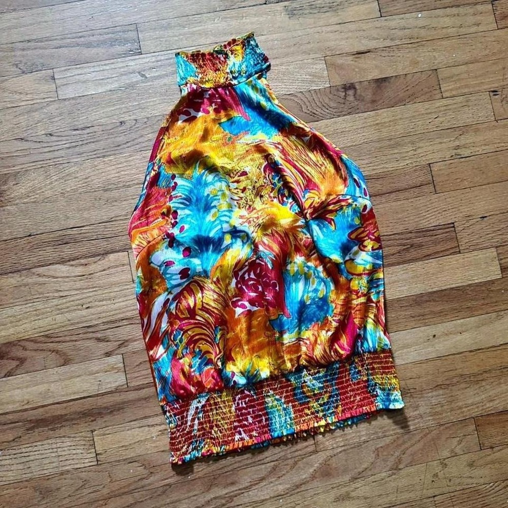Y2K Halter Top Women's Size XL Orange Floral Cotton Express Missy Going Out